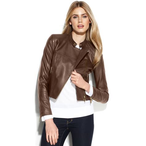 michael kors brown leather moto jacket|Michael Kors faux leather jacket.